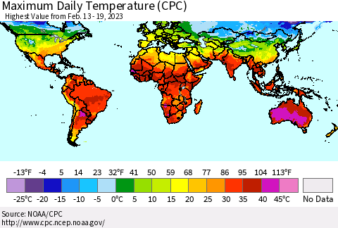 World Maximum Daily Temperature (CPC) Thematic Map For 2/13/2023 - 2/19/2023