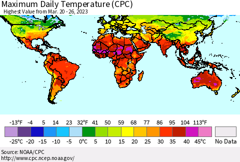 World Maximum Daily Temperature (CPC) Thematic Map For 3/20/2023 - 3/26/2023