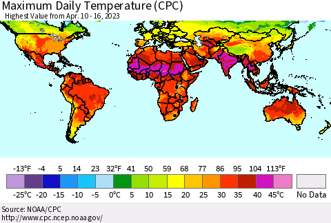 World Maximum Daily Temperature (CPC) Thematic Map For 4/10/2023 - 4/16/2023