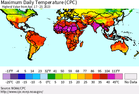 World Maximum Daily Temperature (CPC) Thematic Map For 4/17/2023 - 4/23/2023