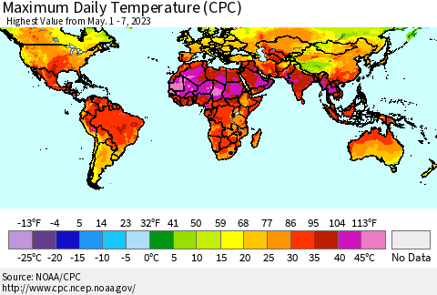 World Maximum Daily Temperature (CPC) Thematic Map For 5/1/2023 - 5/7/2023