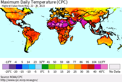 World Maximum Daily Temperature (CPC) Thematic Map For 5/22/2023 - 5/28/2023