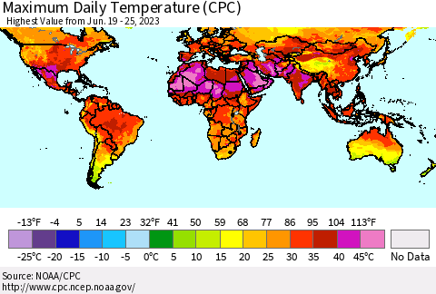 World Maximum Daily Temperature (CPC) Thematic Map For 6/19/2023 - 6/25/2023