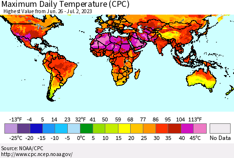 World Maximum Daily Temperature (CPC) Thematic Map For 6/26/2023 - 7/2/2023