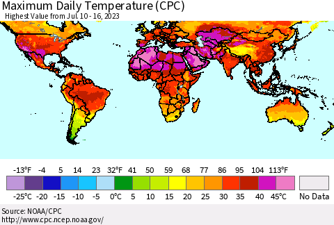 World Maximum Daily Temperature (CPC) Thematic Map For 7/10/2023 - 7/16/2023
