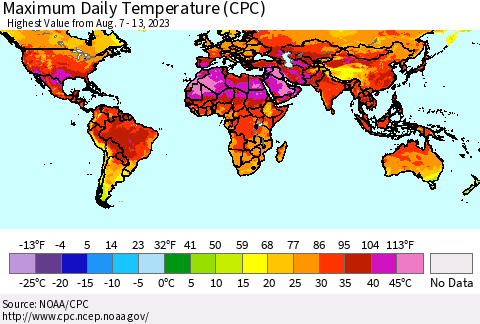 World Maximum Daily Temperature (CPC) Thematic Map For 8/7/2023 - 8/13/2023
