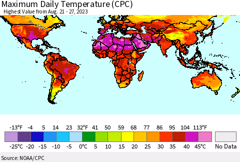 World Maximum Daily Temperature (CPC) Thematic Map For 8/21/2023 - 8/27/2023