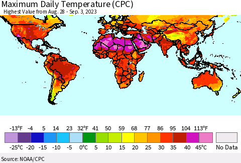 World Maximum Daily Temperature (CPC) Thematic Map For 8/28/2023 - 9/3/2023