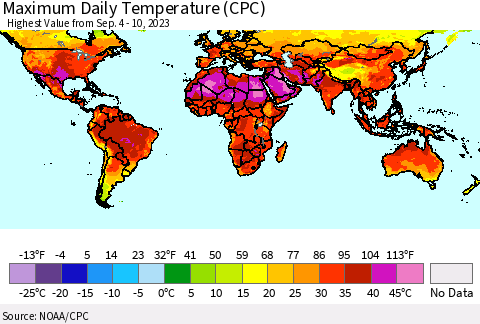 World Maximum Daily Temperature (CPC) Thematic Map For 9/4/2023 - 9/10/2023