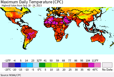 World Maximum Daily Temperature (CPC) Thematic Map For 9/18/2023 - 9/24/2023