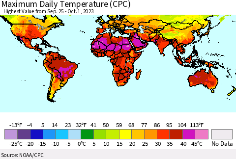 World Maximum Daily Temperature (CPC) Thematic Map For 9/25/2023 - 10/1/2023