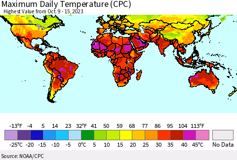 World Maximum Daily Temperature (CPC) Thematic Map For 10/9/2023 - 10/15/2023