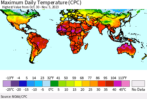 World Maximum Daily Temperature (CPC) Thematic Map For 10/30/2023 - 11/5/2023