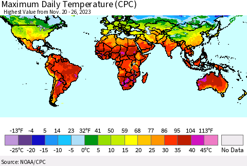 World Maximum Daily Temperature (CPC) Thematic Map For 11/20/2023 - 11/26/2023