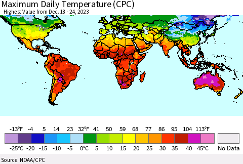 World Maximum Daily Temperature (CPC) Thematic Map For 12/18/2023 - 12/24/2023
