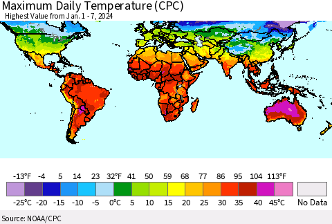World Maximum Daily Temperature (CPC) Thematic Map For 1/1/2024 - 1/7/2024