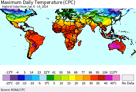 World Maximum Daily Temperature (CPC) Thematic Map For 1/8/2024 - 1/14/2024