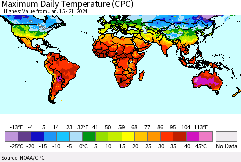 World Maximum Daily Temperature (CPC) Thematic Map For 1/15/2024 - 1/21/2024