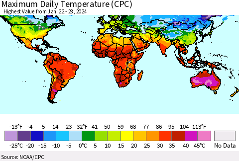 World Maximum Daily Temperature (CPC) Thematic Map For 1/22/2024 - 1/28/2024
