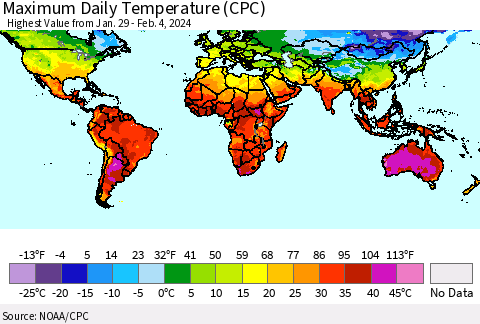 World Maximum Daily Temperature (CPC) Thematic Map For 1/29/2024 - 2/4/2024
