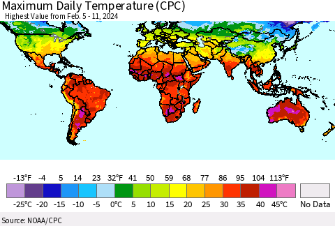 World Maximum Daily Temperature (CPC) Thematic Map For 2/5/2024 - 2/11/2024