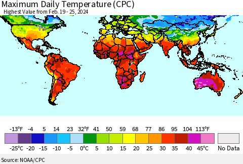 World Maximum Daily Temperature (CPC) Thematic Map For 2/19/2024 - 2/25/2024