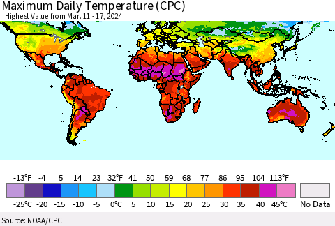 World Maximum Daily Temperature (CPC) Thematic Map For 3/11/2024 - 3/17/2024