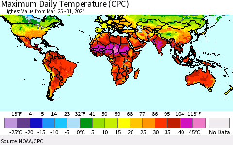 World Maximum Daily Temperature (CPC) Thematic Map For 3/25/2024 - 3/31/2024