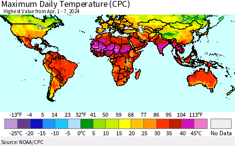 World Maximum Daily Temperature (CPC) Thematic Map For 4/1/2024 - 4/7/2024