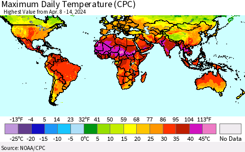 World Maximum Daily Temperature (CPC) Thematic Map For 4/8/2024 - 4/14/2024