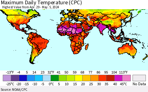 World Maximum Daily Temperature (CPC) Thematic Map For 4/29/2024 - 5/5/2024