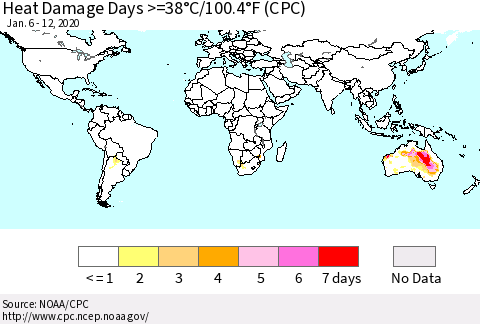 World Heat Damage Days >=38°C/100°F (CPC) Thematic Map For 1/6/2020 - 1/12/2020