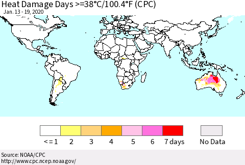 World Heat Damage Days >=38°C/100°F (CPC) Thematic Map For 1/13/2020 - 1/19/2020
