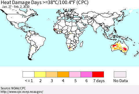 World Heat Damage Days >=38°C/100°F (CPC) Thematic Map For 1/27/2020 - 2/2/2020