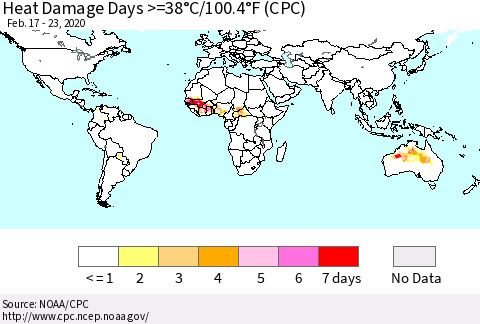World Heat Damage Days >=38°C/100°F (CPC) Thematic Map For 2/17/2020 - 2/23/2020