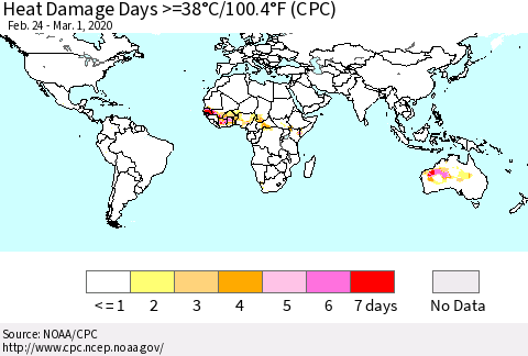 World Heat Damage Days >=38°C/100°F (CPC) Thematic Map For 2/24/2020 - 3/1/2020