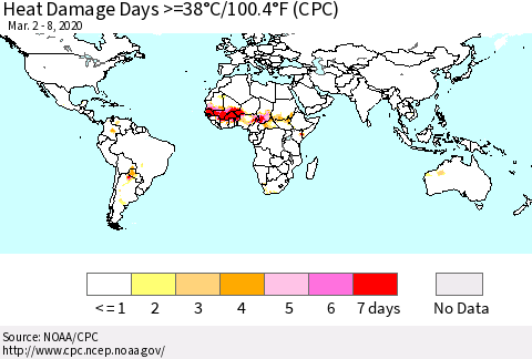 World Heat Damage Days >=38°C/100°F (CPC) Thematic Map For 3/2/2020 - 3/8/2020