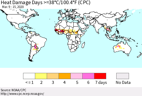World Heat Damage Days >=38°C/100°F (CPC) Thematic Map For 3/9/2020 - 3/15/2020