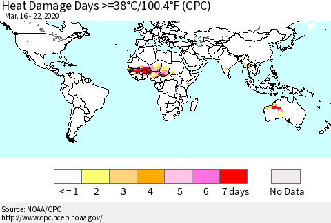World Heat Damage Days >=38°C/100°F (CPC) Thematic Map For 3/16/2020 - 3/22/2020