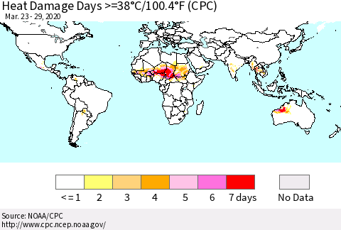 World Heat Damage Days >=38°C/100°F (CPC) Thematic Map For 3/23/2020 - 3/29/2020