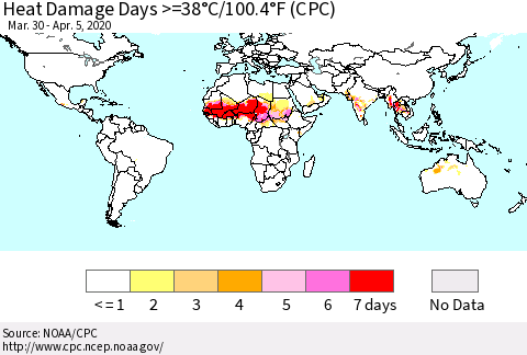 World Heat Damage Days >=38°C/100°F (CPC) Thematic Map For 3/30/2020 - 4/5/2020