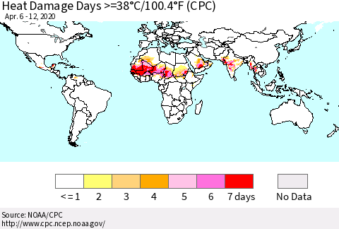 World Heat Damage Days >=38°C/100°F (CPC) Thematic Map For 4/6/2020 - 4/12/2020