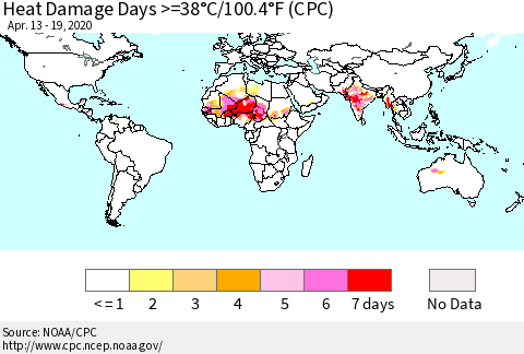 World Heat Damage Days >=38°C/100°F (CPC) Thematic Map For 4/13/2020 - 4/19/2020