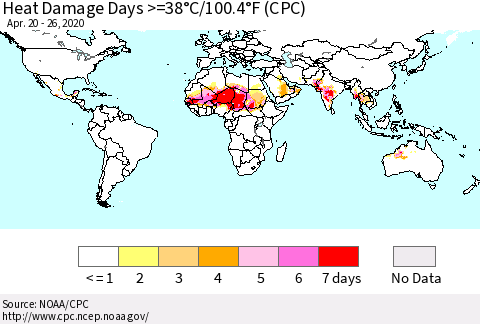 World Heat Damage Days >=38°C/100°F (CPC) Thematic Map For 4/20/2020 - 4/26/2020