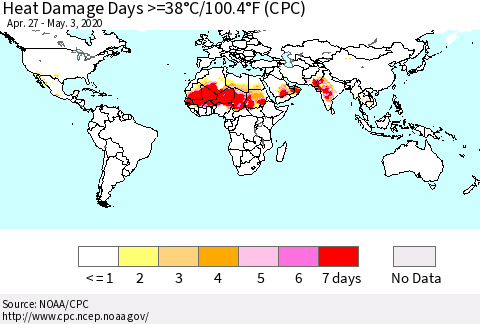 World Heat Damage Days >=38°C/100°F (CPC) Thematic Map For 4/27/2020 - 5/3/2020