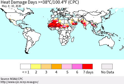 World Heat Damage Days >=38°C/100°F (CPC) Thematic Map For 5/4/2020 - 5/10/2020