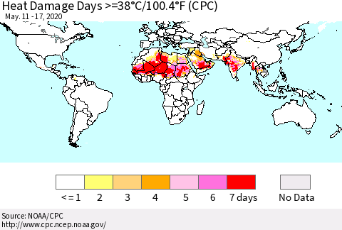 World Heat Damage Days >=38°C/100°F (CPC) Thematic Map For 5/11/2020 - 5/17/2020