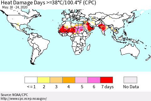 World Heat Damage Days >=38°C/100°F (CPC) Thematic Map For 5/18/2020 - 5/24/2020