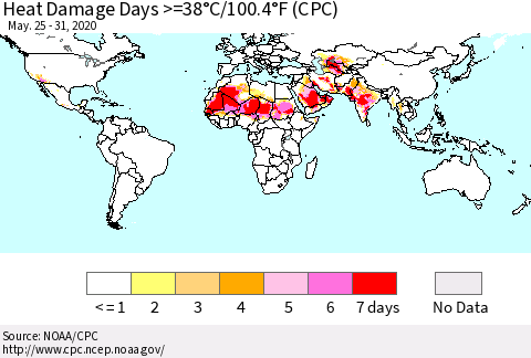 World Heat Damage Days >=38°C/100°F (CPC) Thematic Map For 5/25/2020 - 5/31/2020