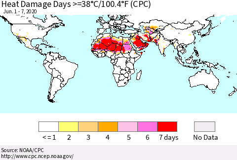 World Heat Damage Days >=38°C/100°F (CPC) Thematic Map For 6/1/2020 - 6/7/2020